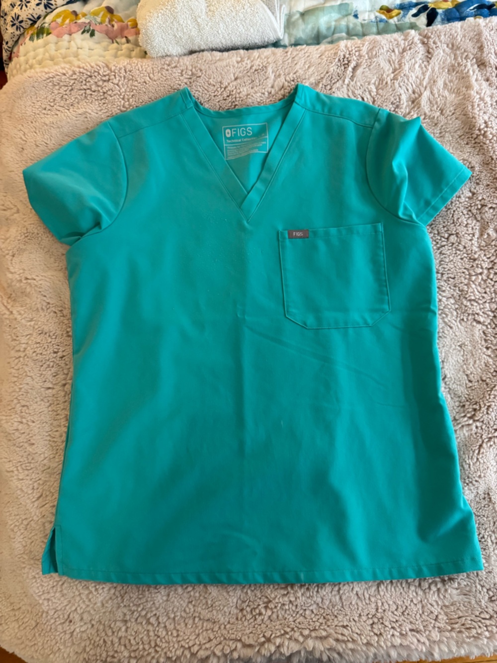 Figs Teal V-Neck Scrub Top with Pocket Detail